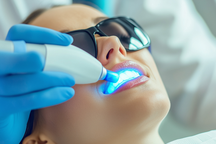 審美歯科で前歯をきれいにするためホワイトニングの施術を受ける女性
