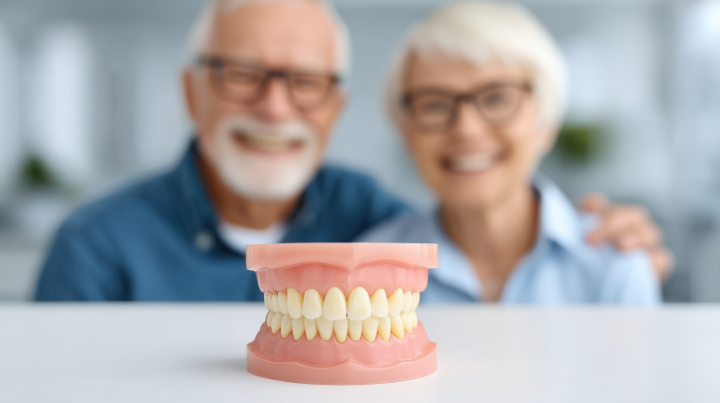 入れ歯と入れ歯使用して笑顔を見せる高齢夫婦