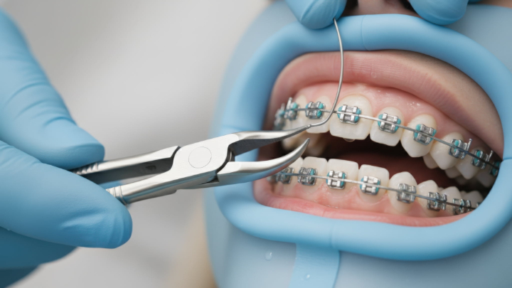歯科医がワイヤー矯正の装置を患者に装着しているイメージ