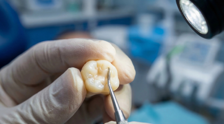 セラミックの歯を持つ歯科医師の手元